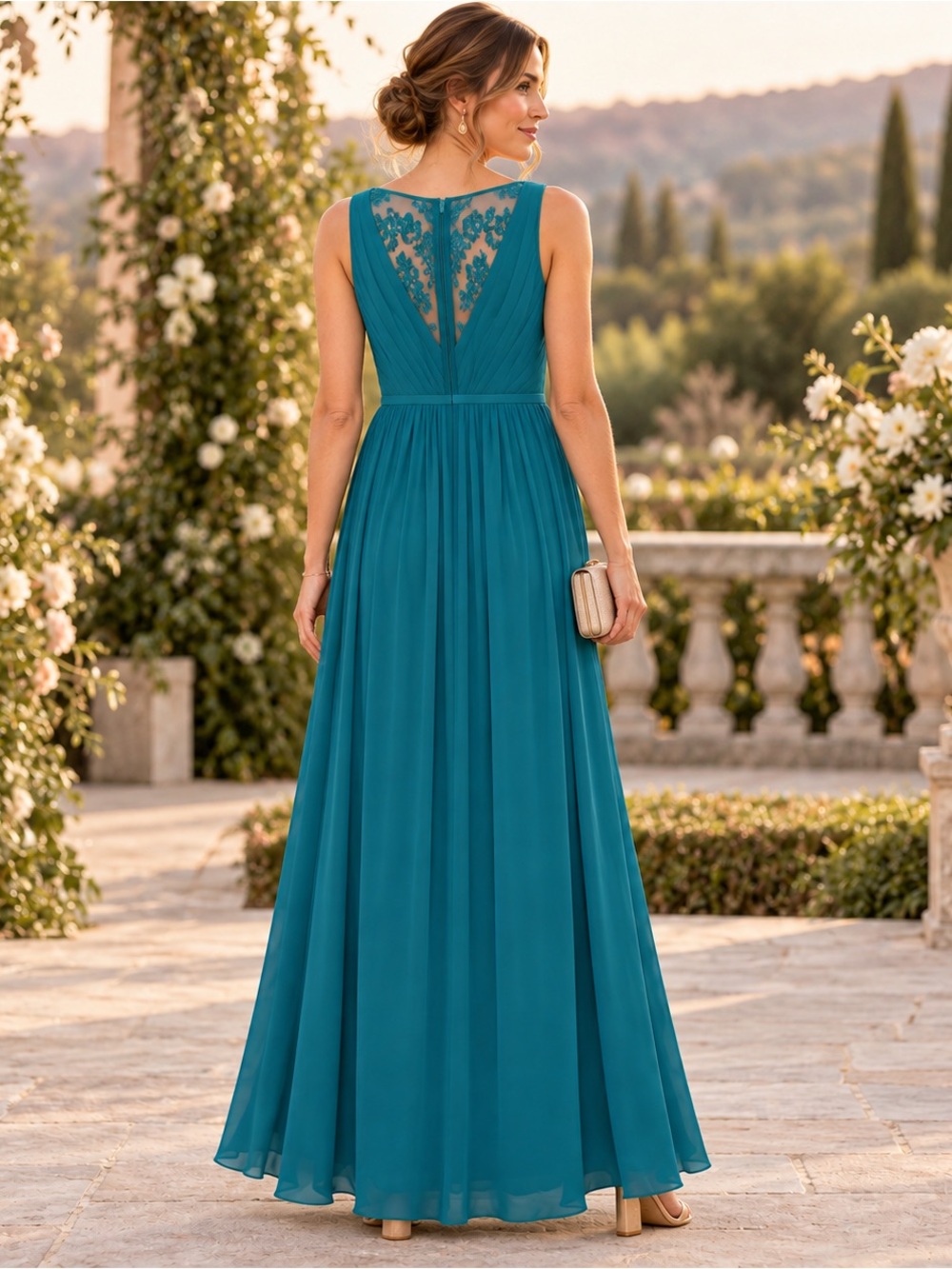 NWT Azazie Teal Chiffon Lace Back Maxi Bridesmaid Formal Dress Romantic